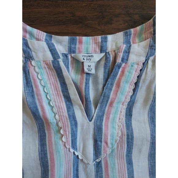 Crown & Ivy 100% Linen Striped Sleeveless Lace Trim V Neck Shirt Women's Medium - Picture 8 of 11